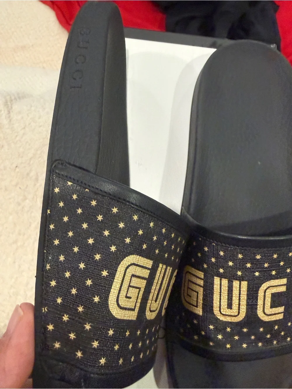 Gucci Black Slides with Gold Logo Stars